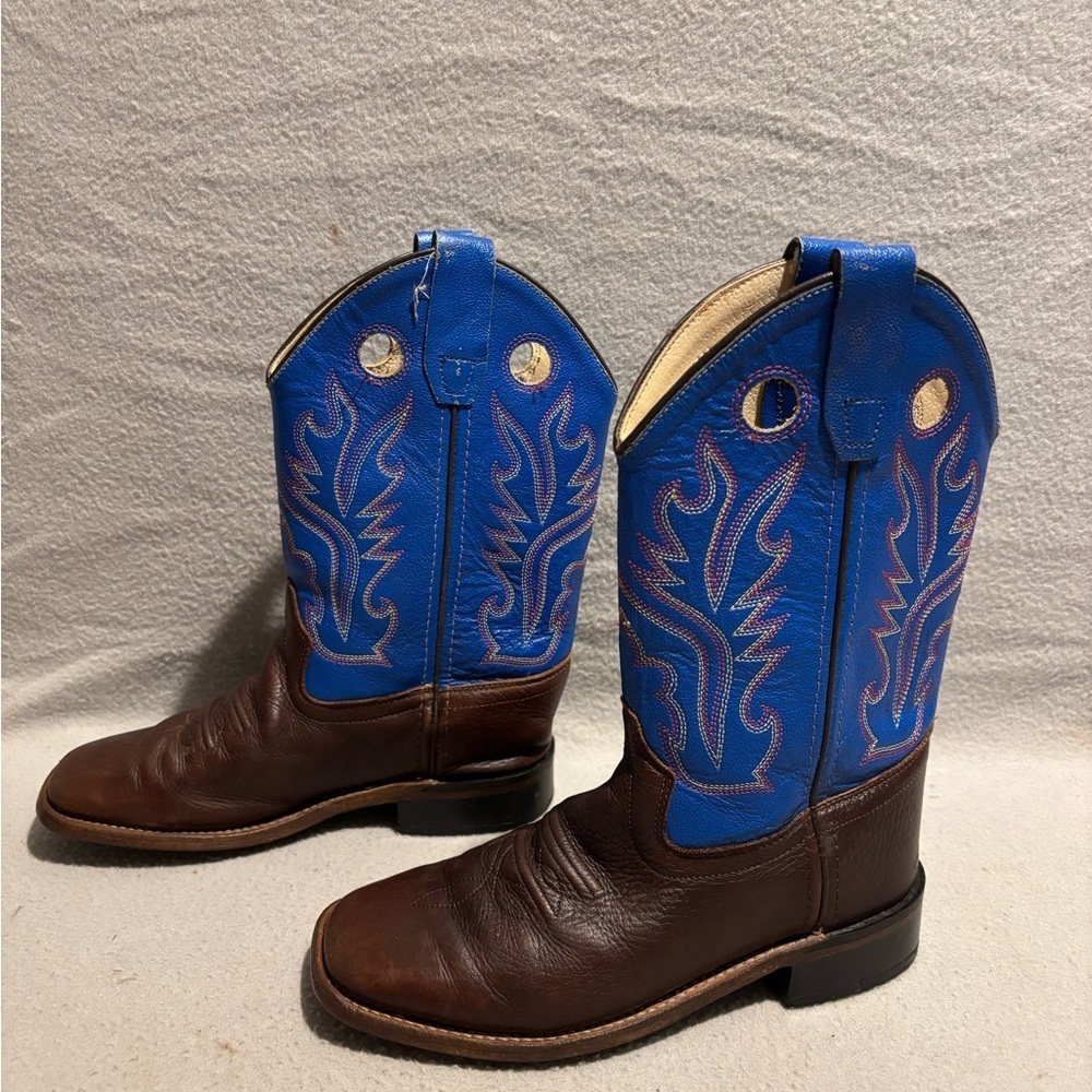 Old West Brown Blue Leather Square Toe Cowboy Boots Youth SZ 020 Style BSC1840